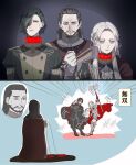  1girl 2boys armor armored_boots axe beard black_hair black_pants boots cape censored chain chain_leash closed_mouth collar commentary_request edelgard_von_hresvelg expressionless facial_hair fire_emblem fire_emblem:_three_houses fire_emblem_warriors:_three_hopes garreg_mach_monastery_uniform hair_over_one_eye highres holding holding_axe holding_leash hubert_von_vestra labraunda_(fire_emblem) leash long_hair long_sleeves middle_finger multiple_boys pants puffy_long_sleeves puffy_sleeves purple_eyes red_cape red_collar scribble_censor short_hair sparkle translation_request uluchi_rice uncle_and_niece volkhard_von_arundel white_hair 
