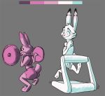  2022 3_toes 4_fingers anthro barefoot bottomwear bra butt clothing disney duo exercise feet female fingers fur hindpaw humanoid_hands jack_savage judy_hopps lagomorph leporid looking_at_another looking_at_butt male male/female mammal paws rabbit restricted_palette robcivecat running shorts sketch sports_bra striped_body striped_fur stripes toes treadmill underwear weightlifting weights workout zootopia 