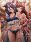  3girls agnes_digital_(umamusume) animal_ears bare_shoulders bikini black_hair blue_eyes blue_one-piece_swimsuit blush bow breasts brown_hair character_doll cleavage closed_mouth coat commentary doll dress eishin_flash_(umamusume) english_commentary hair_between_eyes hair_bow hands_on_another's_stomach highres holding holding_swimsuit holding_unworn_clothes horse_ears horse_girl horse_tail jewelry large_breasts long_hair medium_hair mirror mirrow multiple_girls navel necklace one-piece_swimsuit one_eye_closed open_clothes open_coat open_mouth pink_dress pink_hair quyyaq shoes smile socks sparkle stomach sweat swimsuit tail tosen_jordan_(umamusume) umamusume unworn_swimsuit white_coat white_socks yuri 