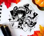  art_tools_in_frame chandelure closed_mouth commentary eyelashes fire gloves greyscale gwynn_(pokemon) hat highres holding holding_poke_ball leaf long_hair medium_hair monochrome pen pen_(medium) poke_ball poke_ball_(basic) pokemon pokemon_(creature) pokemon_legends:_z-a pumpkin sandragh signature sparkle traditional_media twitter_username watermark 