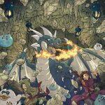  2boys aqua_eyes bead_necklace beads black_pants blue_eyes blue_hair breath_weapon breathing_fire brown_gloves brown_hair camus_(dq11) capelet claws commentary_request dragon dragon_quest dragon_quest_xi falling_rock fingerless_gloves fire from_below gloves green_capelet hero_(dq11) highres hood hood_up horns jewelry lampling metal_slime monster multiple_boys necklace pants parted_hair red_sash sash sharp_teeth shirt short_hair slime_(dragon_quest) teeth toriga western_dragon wings 