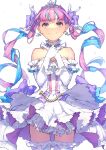  1girl absurdres anchor_symbol aqua_hair bare_shoulders blue_streaks breasts commentary dot_nose dress elbow_gloves frills gloves hair_ornament highres hololive jewelry light_blush long_hair looking_at_viewer minato_aqua minato_aqua_(aqua_iro_super_dream) multicolored_hair official_alternate_costume pink_hair pointy_ears purple_eyes shiloroshi simple_background smile streaked_hair tiara twintails virtual_youtuber white_dress white_gloves 