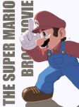  1boy banel_springer blue_eyes blue_overalls copyright_name facial_hair gloves hat highres male_focus mario mario_(series) mustache open_mouth overalls profile red_shirt shirt shoes solo standing the_super_mario_bros._movie white_gloves 