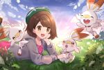  1girl :d bangs blush bob_cut brown_eyes brown_hair cardigan cloud collared_dress commentary_request day dress dynamax_band eggshell gloria_(pokemon) grass green_headwear grey_cardigan haru_(haruxxe) hat hatching highres hooded_cardigan lying on_stomach open_mouth outdoors pink_dress pokemon pokemon_(creature) pokemon_(game) pokemon_swsh scorbunny short_hair sky smile tam_o&#039;_shanter tongue 