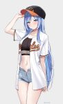  1girl arm_up baseball_cap black_headwear black_shirt blue_eyes blue_hair blue_shorts breasts buttons closed_mouth collarbone cowboy_shot crop_top cutoffs denim denim_shorts hat highres kaetzchen long_hair looking_at_viewer medium_breasts midriff minah_(chaesu) navel open_clothes open_fly open_shirt original pout shirt short_shorts short_sleeves shorts simple_background solo standing stomach thighs undershirt very_long_hair white_background white_shirt 