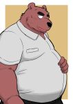 2022 anthro belly big_belly black_nose bodily_fluids bottomwear brown_body clothing hi_res humanoid_hands kemono kick_(artist) male mammal overweight overweight_male pants shirt solo sweat topwear ursid 