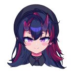  1girl absurdres ahoge ben-day_dots beret black_hair black_hat blush_stickers choker closed_mouth collared_shirt commentary cropped_head ear_piercing english_commentary fang fang_out hair_between_eyes hat highres horns hrna long_hair multicolored_hair nanashi_inc. piercing purple_eyes red_hair ryugasaki_rene screentones shirt simple_background skin_fang smile solo split_mouth straight-on two-tone_hair virtual_youtuber white_background 