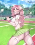  anthro blurred_background bottomless butt canid clothed clothing female glistening glistening_eyes hair hi_res holding_object long_hair looking_at_viewer mammal one_eye_closed outside pink_body pink_eyes pink_hair portrait smile smogville solo standing three-quarter_portrait topwear wavy_hair white_clothing white_topwear 