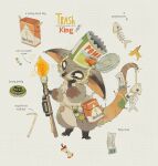  apple apple_core banana_peel bottle_cap cigarette_pack claws commentary creature drinking_straw english_commentary english_text fish_skeleton food fruit full_body furry highres light_bulb long_tail open_can opossum original sorochii string tail trash 