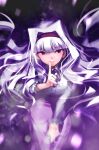  1girl absurdres commentary_request floating_hair hairband highres idolmaster idolmaster_(classic) index_finger_raised long_hair looking_at_viewer red_eyes shijou_takane skirt smile solo uranokyuu white_hair 