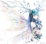  1girl antlers blue_hair blunt_bangs branch breasts commentary_request cropped_torso fairy fairy_wings flower flower_necklace highres horns leaf long_hair medium_breasts original petals pink_eyes solo sushi_(sashimise) topless_female twitter_username white_background wings 