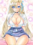  1girl arms_behind_back asuna_(blue_archive) bangs black_choker blonde_hair blue_archive blue_eyes blue_ribbon blue_skirt breasts choker cleavage collarbone cowboy_shot crossed_legs dot_nose forehead frilled_skirt frills grin hair_ornament hair_ribbon large_breasts long_hair looking_at_viewer mole mole_on_breast nightmare77zx open_clothes open_mouth open_shirt panties pantyshot parted_bangs ribbon shiny shiny_hair shirt sitting skirt smile solo teeth thighs traditional_media underwear uniform very_long_hair white_panties white_shirt 