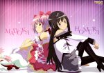  2girls absurdres akemi_homura akemi_homura_(magical_girl) back-to-back black_hair black_pantyhose black_shoes blush boots bow character_name closed_mouth dress gloves grey_skirt hair_bow hairband high_heel_boots high_heels highres kaname_madoka kaname_madoka_(magical_girl) knee_up kyubey long_hair long_sleeves magazine_scan mahou_shoujo_madoka_magica multiple_girls newtype official_art pantyhose pink_eyes pink_hair pleated_skirt purple_eyes red_bow red_dress red_shoes scan shirt shoes sidelocks sitting skirt smile twintails white_gloves white_shirt 