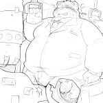  1:1 2022 96panda anthro balls belly big_belly blush bodily_fluids canid canine clothing cum ejaculation eyes_closed eyewear genital_fluids genitals glasses group hi_res humanoid_hands kemono male mammal monochrome necktie overweight overweight_male penis raccoon_dog shirt solo solo_focus tanuki topwear 