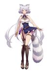  1girl animal_ears asymmetrical_clothes bangs blue_panties blunt_bangs breasts cleavage cluseller dress fingerless_gloves full_body gloves grey_hair horns indie_virtual_youtuber large_breasts long_hair nail_polish panties purple_eyes raccoon_ears raccoon_girl raccoon_tail single_thighhigh smile straight-on striped_tail tail thigh_gap thigh_strap thighhighs toeless_footwear toenail_polish toenails toes underwear very_long_hair virtual_youtuber white_background yozora_aoi 
