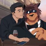 adan_ealdraco alien anthro bangs black_hair blush bottomwear brown_body brown_fur canid canine canis canon_x_oc clothing container cup date duo electronics elegant facial_scar fan_character flirting flirting_look fur hair human image_comics invincible_(image_comics) male male/male mammal mark_grayson mask muscular outside pants phone relaxing scar screencap_edit shy_smile snout snout_scar theastoundingtigerpool third-party_edit torn_bottomwear torn_clothing torn_pants viltrumite wearing_mask wolf