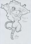  2022 anthro areola bent_leg blush bodily_fluids breasts chibi cleft_of_venus clothing felid female generation_4_pokemon genital_fluids genitals graphite_(artwork) hat headgear headwear legwear lunaris_parukia maggie_(lunaris_parukia) magic_user mammal mismagius mostly_nude navel nintendo nipples one_eye_closed open_mouth open_smile pattern_clothing pattern_legwear pattern_thigh_highs pokemon pokemon_(species) pokemorph pussy pussy_juice raised_arms smile solo standing striped_clothing striped_legwear striped_thigh_highs stripes thigh_highs traditional_media_(artwork) video_games wink witch witch_hat 