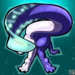absurd_res ambiguous_gender anthro bioluminescence bodily_fluids butt claws demon feet fin fish glistening glowing hellaverse helluva_boss hi_res leviathan_(helluva_boss) marine membrane_(anatomy) nx-42 paws pink_body pink_skin purple_body purple_skin reptile scalie snake solo split_color sweat tail thick_tail toes webbed_feet