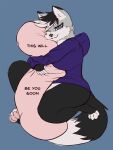  2022 3:4 anthro black_body black_fur black_nose blue_eyes breasts canid canine canis claire_gillard clothing digital_media_(artwork) domestic_dog english_text female fur general-irrelevant hair hi_res hoodie hugging_pillow looking_at_viewer mammal purple_clothing purple_hoodie purple_topwear simple_background smile solo text topwear 