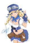  1girl absurdres belt blonde_hair blue_eyes blue_headwear blue_neckerchief blue_ribbon braid breasts bustier cleavage collarbone commentary_request denim denim_shorts fingerless_gloves frilled_skirt frills gloves goggles goggles_on_headwear hand_up highres looking_at_viewer medium_breasts midriff navel neckerchief ootori_kinoto pleated_skirt puffy_short_sleeves puffy_sleeves ribbon short_shorts short_sleeves shorts showgirl_skirt signature simple_background skirt smile solo star_ocean twin_braids utility_belt welch_vineyard white_background 