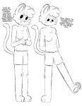 absurd_res anthro boxers_(clothing) breasts clothed clothing dialogue digital_media_(artwork) domestic_cat eggnaug embarrassed felid feline felis female fluffy freckles fur hair half_naked hands_behind_back hi_res lucy_(eggnaug) mammal medium_breasts nipples offscreen_character on_one_leg simple_background sketch sketchy smile solo standing tail talking_to_another text topless underwear