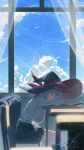 1girl absurdres arm_pillow artist_name black_hat black_jacket black_skirt black_socks blue_archive blue_sky breasts chair cloud commentary curtains desk eri_(blue_archive) feet_out_of_frame from_side grey_hair hat highres jacket jewelry kneehighs large_breasts multiple_rings parody pleated_skirt ring school_chair school_desk school_uniform shirt shirt_tucked_in sitting skirt sky sleeping socks solo sushispin title_parody unworn_jacket white_shirt window witch_hat 