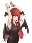  1girl absurdres aisumegane arms_up bat_wings black_skirt black_vest blush buttons chain clenched_teeth collared_shirt commentary_request cowboy_shot cuffs dress_shirt eyes_visible_through_hair hair_between_eyes handcuffs head_wings highres koakuma long_hair low_wings necktie red_eyes red_hair red_necktie restrained shirt short_sleeves sidelocks simple_background skirt skirt_set solo teeth touhou v-shaped_eyebrows very_long_hair vest white_background white_shirt wings 