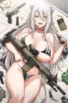  1girl alternate_breast_size animal_ears bangs bare_shoulders bikini black_bikini blush breasts choker cleavage collarbone explosive grenade grey_eyes grey_hair gun handplug highres hololive jewelry karambit knife large_breasts lion_ears lion_girl lion_tail long_hair looking_at_viewer lying magazine_(weapon) mixed-language_commentary necklace on_back open_mouth shishiro_botan sidelocks smile solo ssrb striped striped_bikini swimsuit tail thighs virtual_youtuber weapon 
