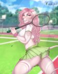  anthro blurred_background butt canid clothed clothing female glistening glistening_eyes green_clothing green_underwear hair hi_res holding_object long_hair looking_at_viewer mammal one_eye_closed outside pink_body pink_eyes pink_hair portrait smile smogville solo standing three-quarter_portrait topwear underwear wavy_hair white_clothing white_topwear 