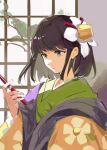  1girl commentary_request floral_print flower green_kimono hair_flower hair_ornament hieda_no_akyuu highres holding holding_pen indoors its8b japanese_clothes kimono layered_clothes layered_kimono long_sleeves pen purple_eyes purple_hair purple_kimono solo touhou upper_body white_flower wide_sleeves window yellow_kimono 