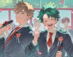  2boys bakugou_katsuki blazer blonde_hair boku_no_hero_academia closed_eyes closed_mouth collared_shirt commentary_request diploma diploma_tube dmdtmt99 facing_viewer freckles graduation green_hair highres holding holding_diploma jacket korean_commentary looking_at_viewer male_focus midoriya_izuku multiple_boys necktie open_mouth red_eyes red_necktie scar scar_on_face school_uniform shirt short_hair thumbs_up u.a._school_uniform upper_body white_shirt 