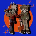  2boys alternate_form amputee animification antenna_hair blood blood_on_clothes blue_background bone brown_hair chinese_commentary circle colored_skin commentary_request drawstring edd_(eddsworld) eddsworld flipped_hair full_body green_eyes green_hoodie green_skin hair_behind_ear hair_ears highres holding holding_shovel hood hood_down hoodie immuir long_sleeves looking_at_viewer male_focus missing_eye multiple_boys open_mouth outline pants red_eyes red_hoodie short_hair shovel simple_background sparkle standing tord_(eddsworld) white_background white_outline zombie 