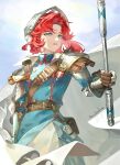  1girl absurdres armor belt belt_pouch blue_coat blue_sky brown_belt buttons cape club_(weapon) coat commentary_request double-breasted gauntlets hand_up helmet highres holding holding_club holding_weapon looking_to_the_side marsha_(reverse:1999) parted_lips pouch red_hair reverse:1999 sam_browne_belt short_hair shoulder_armor signature skirt sky solo upper_body weapon white_cape white_skirt wu_fuzuoyong 