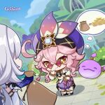  2girls absurdres black_shoes blue_sky breasts chibi cloud commentary copyright_name crop_top day detached_sleeves dori_(genshin_impact) dot_nose dress english_commentary gem gem_hat_ornament genshin_impact hair_ornament hand_on_own_hip hat highres holding holding_sack jewelry licking_lips long_sleeves looking_at_another medium_breasts multiple_girls official_art outdoors pants pink_hair puffy_long_sleeves puffy_pants puffy_sleeves purple_pants ring sack shoes sideboob skirk_(genshin_impact) sky sparkling_eyes speech_bubble sunglasses tassel thought_bubble tongue tongue_out 