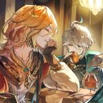  2boys alhaitham_(genshin_impact) black_gloves black_shirt blonde_hair cape closed_eyes clothing_cutout commentary_request cup earrings facing_another fingerless_gloves genshin_impact gloves gold_trim green_cape green_eyes grey_hair hair_between_eyes highres holding holding_cup jewelry kats20000 kaveh_(genshin_impact) korean_commentary looking_at_another male_focus multiple_boys orange_pupils partially_fingerless_gloves shirt smile white_shirt 