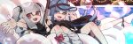  2girls :d ;d anklet arm_up artist_name barefoot black_bow black_shirt black_shorts blue_eyes blue_hair blue_hat blunt_bangs bow fangs grey_hair hair_bow hat highres holding holding_weapon inkling inkling_girl inkling_player_character jewelry leg_warmers long_hair looking_at_viewer multiple_girls n-zap_(splatoon) one_eye_closed open_hand open_mouth pink_eyes prat_rat shirt short_sleeves shorts sidelocks slosher_(splatoon) smile splatoon_(series) tentacle_hair two_side_up v v_over_eye visor_cap watermark watermark_grid weapon white_bow white_leg_warmers 