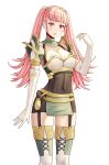  1girl :o absurdres armor bare_shoulders breastplate breasts chloe_(fire_emblem) chloe_(fire_emblem)_(cosplay) cleavage commission cosplay covered_navel elbow_gloves fire_emblem fire_emblem:_three_houses fire_emblem_engage garter_straps gloves highres hilda_valentine_goneril large_breasts long_hair pegasus_knight_uniform_(fire_emblem) pink_eyes pink_hair saikunartworks shoulder_armor simple_background skin_tight twintails white_background white_gloves zettai_ryouiki 