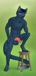  absurd_res anthro balls blue_body blue_fur blue_hair felid fur furniture genitals hair half-erect hi_res humanoid_genitalia humanoid_penis looking_at_viewer male mammal pantherine pawpads penis purple_eyes scar solo stool volpek6 