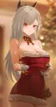  1girl absurdres arms_under_breasts bare_shoulders bell berenica_(duet_night_abyss) blurry blurry_background blush bow bowtie breasts cleavage closed_mouth commentary cowboy_shot crossed_arms dress duet_night_abyss fingernails fur-trimmed_dress fur_trim grey_hair highres indoors large_breasts long_hair looking_at_viewer official_alternate_costume red_bow red_bowtie red_dress red_eyes short_dress solo starry_hopes_(duet_night_abyss) strapless strapless_dress yonesdraws 