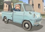  1girl :d absurdres akashi_(kancolle) alternate_costume artist_name car commentary_request from_side green_eyes hair_ribbon highres honda honda_t360 kantai_collection looking_at_viewer motor_vehicle pink_hair pot-de ribbon smile tress_ribbon twitter_username vehicle_focus 