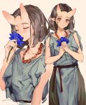  1girl blue_dress blue_flower brown_eyes brown_hair commentary dress english_commentary flower highres holding holding_flower horns long_hair nashidrop oni original pointy_ears skin-covered_horns smelling smelling_flower solo_focus 