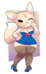  3_fingers absurd_res accessory aggressive_retsuko anthro big_breasts blue_clothing blue_footwear blue_high_heels blue_lingerie bow_(feature) bow_accessory bow_ribbon breasts canid canine cheek_tuft cleavage clothed clothing collar digital_media_(artwork) eyelashes facial_tuft female fennec fenneko fingers footwear fox full-length_portrait fur hand_on_face hand_on_head hand_on_hip hi_res high_heels legwear lingerie looking_at_viewer mammal one_eye_closed onigiri_punch portrait sanrio shoes simple_background smile solo standing stockings thick_thighs topwear tuft wink 