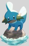  absurdres ame_akira animal_focus brown_eyes commentary_request full_body grey_background highres looking_at_viewer mudkip open_mouth pokemon pokemon_(creature) rock standing tongue water 