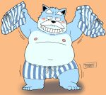  2022 anthro belly big_belly blue_body blush boxers_(clothing) bulge canid canine clothing facial_hair grin kemono male mammal mature_male moobs mustache navel nipples smile solo toshi_(artist) underwear white_body 