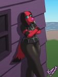  3:4 angry animal_crossing anthro beach canid canine canis cherry_(animal_crossing) clothed clothing crossed_arms domestic_dog ear_piercing female goth hi_res leaning_on_wall lonnyk looking_at_viewer mammal nintendo piercing punk seaside solo standing video_games 