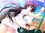  1girl ball blush breasts brown_eyes brown_hair chain-link_fence clothes_lift cloud day dutch_angle fence frilled_panties frills frown game_cg hair_intakes impossible_clothes impossible_shirt large_breasts long_hair maishima_yuri navel nerawareta_megami_tenshi_angel_tear non-web_source official_art outdoors panties pantyshot pink_panties racket shirt skirt sky solo sportswear sweat tennis_ball tennis_racket tennis_uniform tsukumo_kazuita underwear variant_set wind wind_lift wristband 