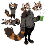  2022 4_toes ailurid anthro barefoot beverage black_body black_fur blep breasts brown_body brown_fur cheek_tuft chest_tuft claws clothed clothed_anthro clothed_feral clothing coffee coffee_mug cute_fangs english_text eyes_closed eyewear facial_tuft feet female feral fur glasses green_eyes guoh hair head_tuft hi_res holding_object lying mammal markings mole_(marking) on_front ponytail red_body red_fur red_panda shirt simple_background solo standing steam striped_markings striped_tail stripes sweater tail_markings tail_tuft tank_top text toe_claws toes tongue tongue_out topwear tuft whiskers white_background 