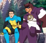 adan_ealdraco alien anthro bandage bandaged_arm bangs belt black_hair bottomwear brown_body brown_fur canid canine canis canon_x_oc clothing duo facial_scar fan_character fur hair human iberian_wolf image_comics invincible_(image_comics) male male/male mammal mark_grayson mask muscular outside pants relaxing scar screencap_edit shy_smile snout snout_scar superhero superhero_costume theastoundingtigerpool third-party_edit torn_bottomwear torn_clothing torn_pants twunk viltrumite wearing_mask wolf
