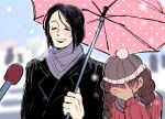 1boy 1girl beanie black_coat black_hair blurry blurry_background blush braid brown_hair closed_eyes coat commentary covering_own_face english_commentary grey_scarf hat height_difference highres holding holding_umbrella long_hair madotsuki medium_hair meme microphone nessa_(neesaig) people pom_pom_(clothes) pom_pom_beanie red_sweater scarf sekomumasada_sensei smile special_feeling_(meme) sweater twin_braids umbrella upper_body yume_nikki 