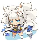  1girl animal_ears azur_lane character_request chibi fox_ears fox_tail full_body looking_at_viewer mota short_hair simple_background skirt smile solo tail thighhighs white_background 
